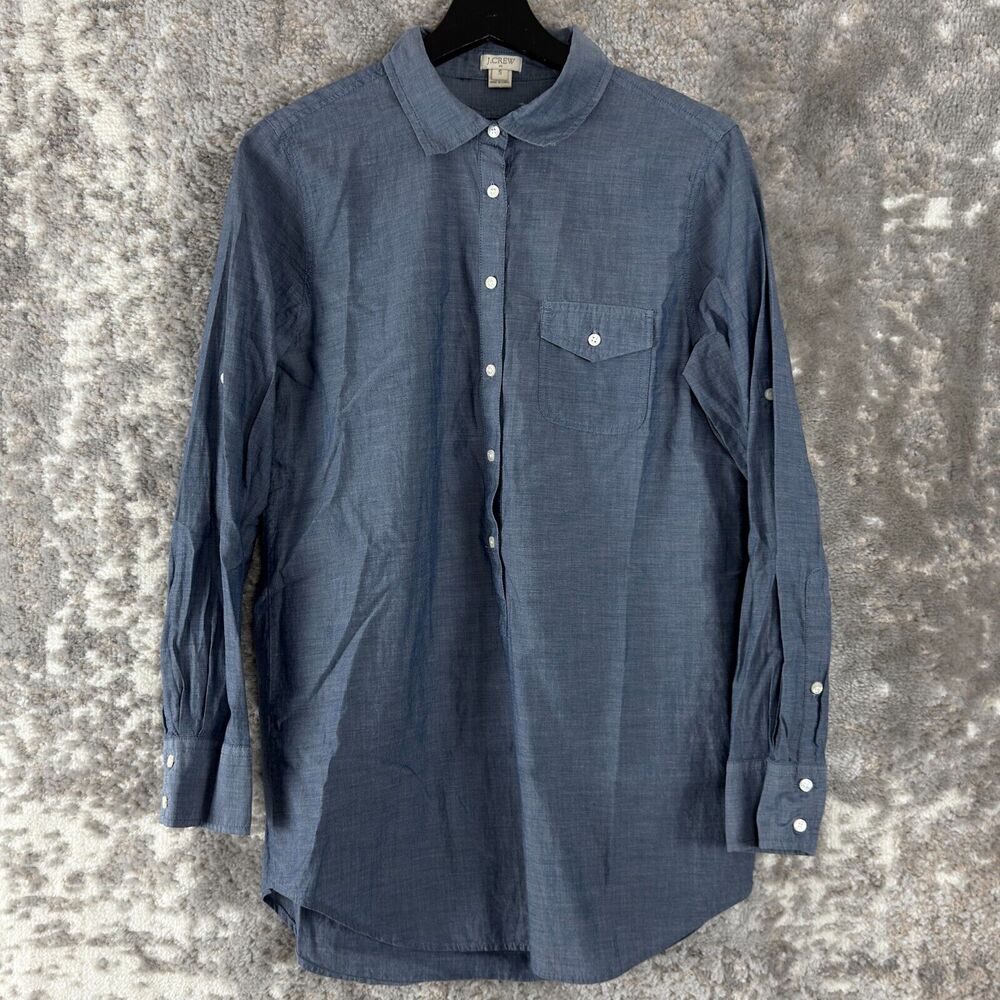 J Crew Size S Half Button Polo Shirt Gray Blue Long Sleeve Collar Casual Pocket